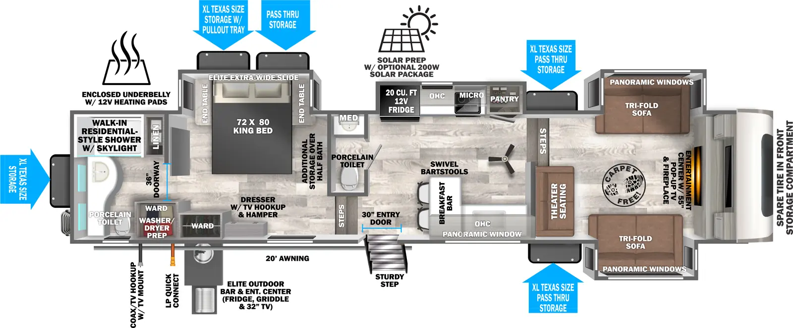 The Heritage Glen Fifth Wheels 36FL has one entry and four slide outs. Exterior features include: fiberglass exterior, 20' awning,  outside entertainment and outside kitchen. Interiors features include: front living and rear bathroom.